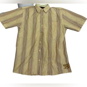 Prana Shirt Mens Large Yellow Brown Striped Short Sleeve Button Up